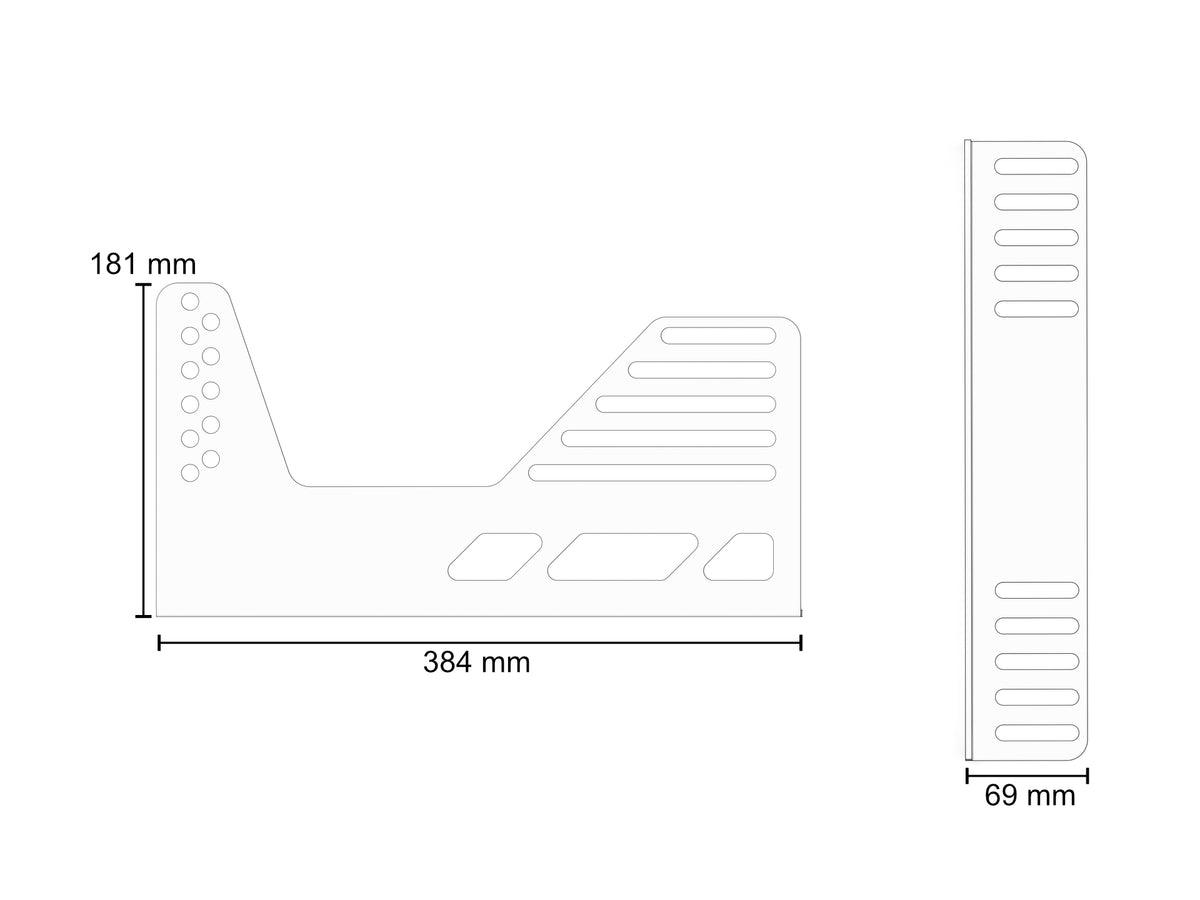 Maßzeichnung der XL Sitzhalterung seitlich mit Abmessungen und Lochabstand 260–310 mm